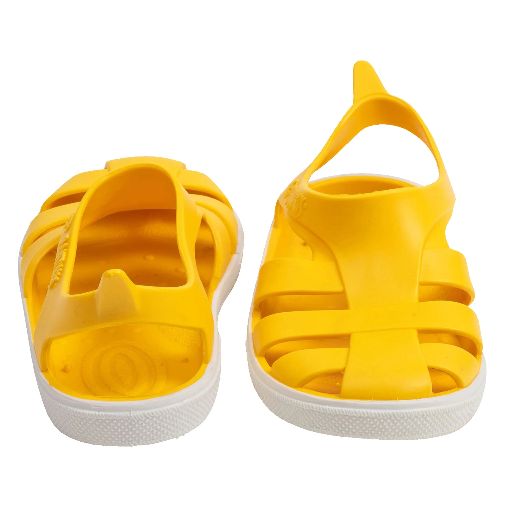 Par de sandálias Boatilus Bioty amarelas, calçado infantil barefoot, vista traseira.
