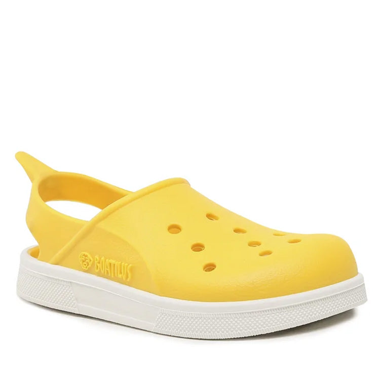 Vista lateral da sandália Boatilus Cloggy Amarelo, mostrando o design estilo clog e a sola branca.