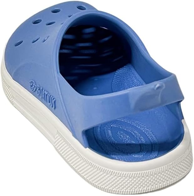 Sandália minimalista Boatilus Cloggy Jeans e Branco, vista lateral mostrando a sola branca e o topo azul com furos.