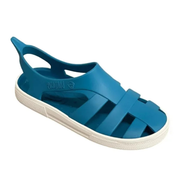 Sandália Boatilus Bioty Caraibe e Branco, minimalista e barefoot, vista lateral. Ideal para praia e piscina.