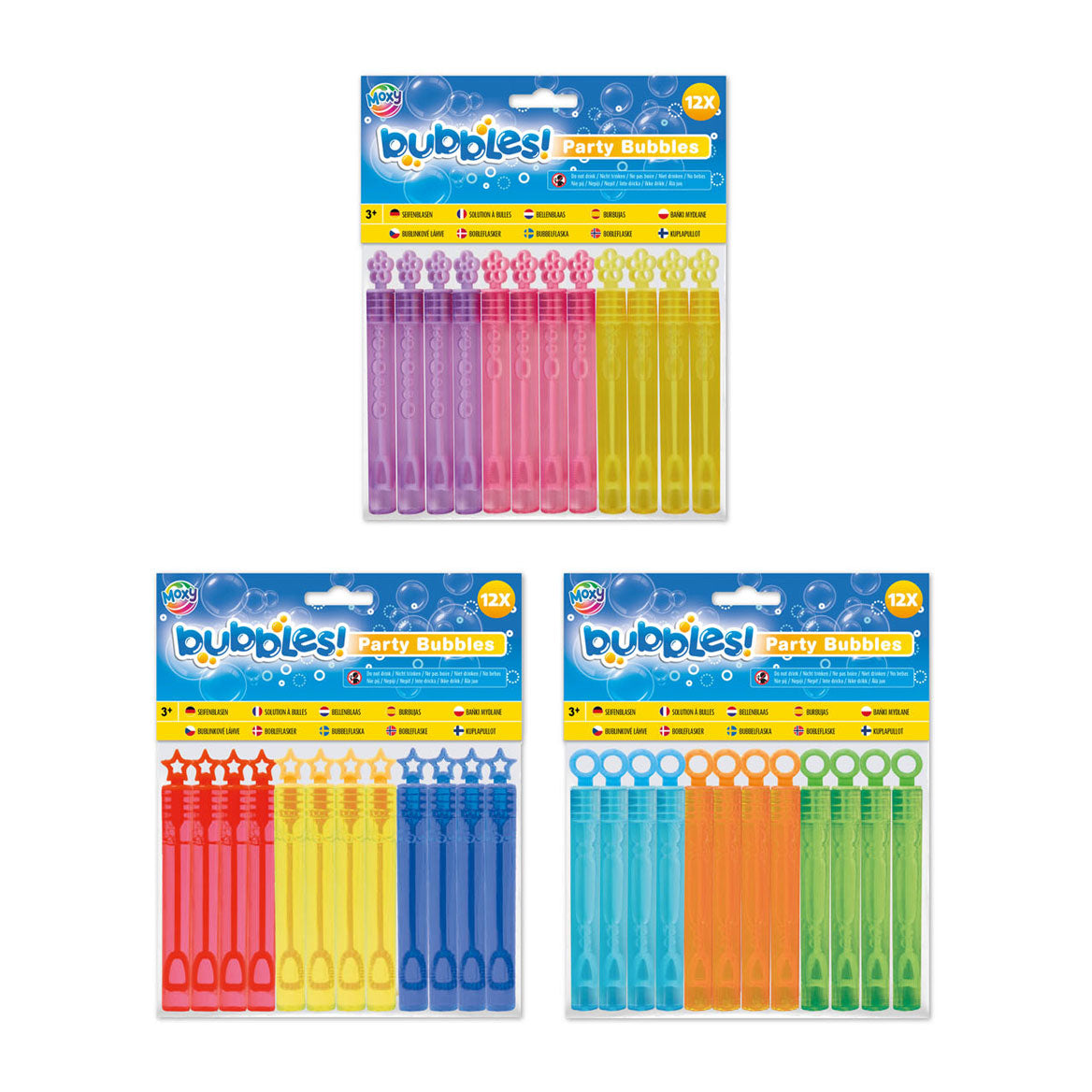 Embalagem de 12 mini sopradores de bolinhas de sabão coloridos (amarelo, azul, rosa, verde) prontos a usar.