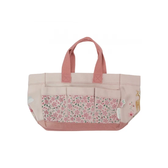 Bolsa de transporte em lona cor-de-rosa e bege do kit de jardinagem Little Dutch Fairy Garden, com bolsos frontais florais, isolada.
