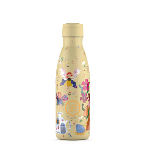 Garrafa Térmica Cool Bottles - Magical Fairies 350ml, vista frontal, com design vibrante de fadas e flores sobre um fundo creme.