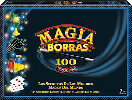 Componentes do jogo de magia "Borras", incluindo cartas, instruções e material de apoio para truques de aritmética.