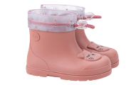 Botas de chuva Igor Mendi, em cor rosa, com detalhe de rosto de animal na biqueira e ajuste superior com cordão elástico. Design impermeável, leve e confortável, ideal para manter os pés secos em dias chuvosos, garantindo proteção e estilo para crianças.

