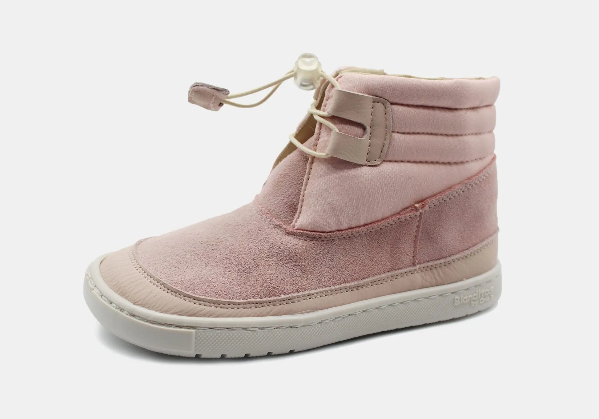 Bota Barefoot Lion da Blanditos by Crio's para criança, calçado respeitador em couro rosa (cor Baby). Vista de perfil, calçado Barefoot com sola branca fina e atacador elástico.