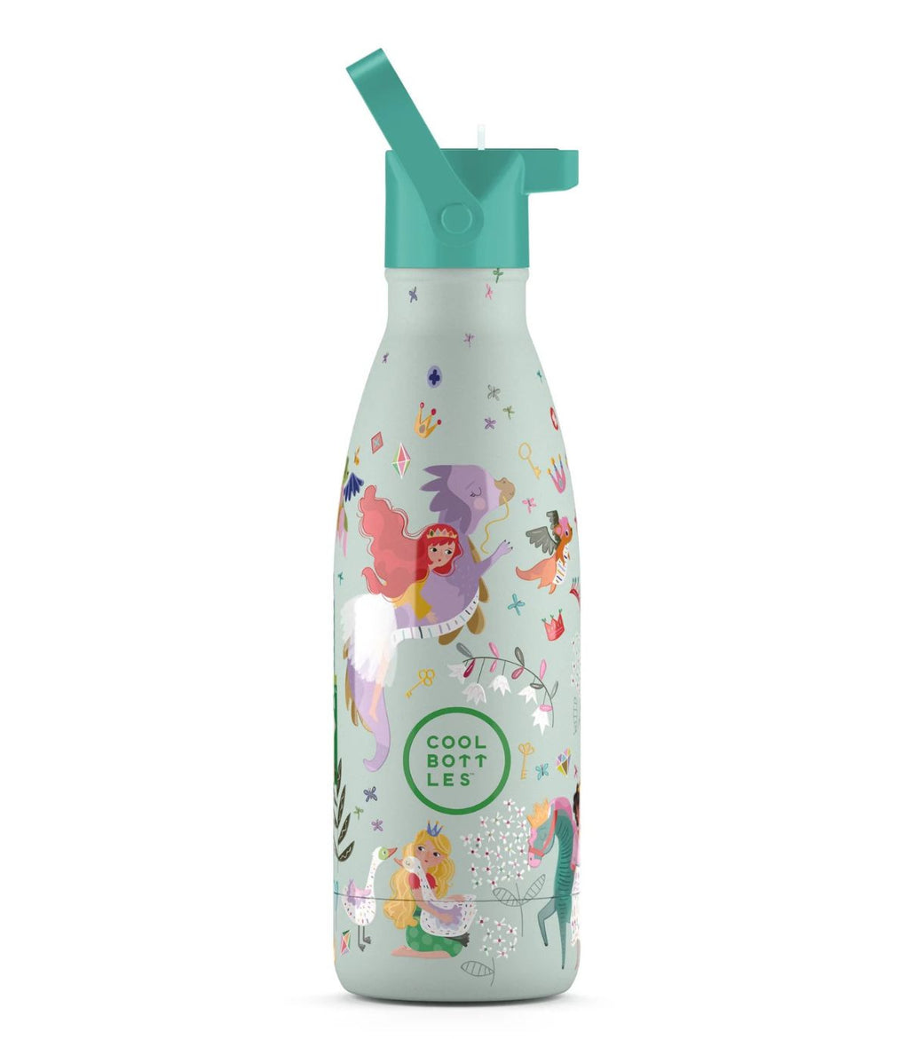 Garrafa térmica Cool Bottles Princess Kingdom 350ml, verde menta, com tampa e palhinha levantadas, pronta para uso diário.