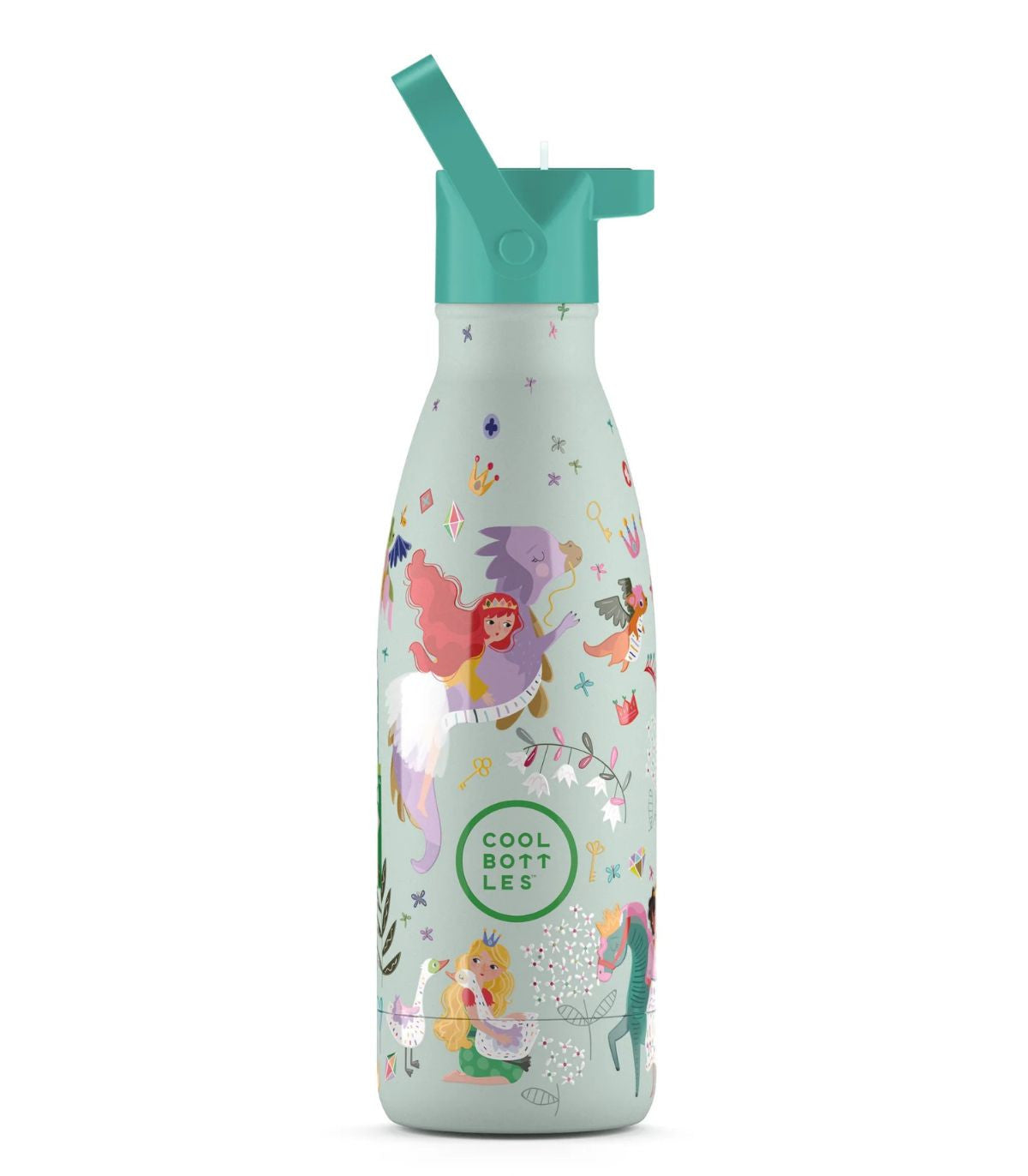 Garrafa térmica Cool Bottles Princess Kingdom 350ml, verde menta, com tampa e palhinha levantadas, pronta para uso diário.