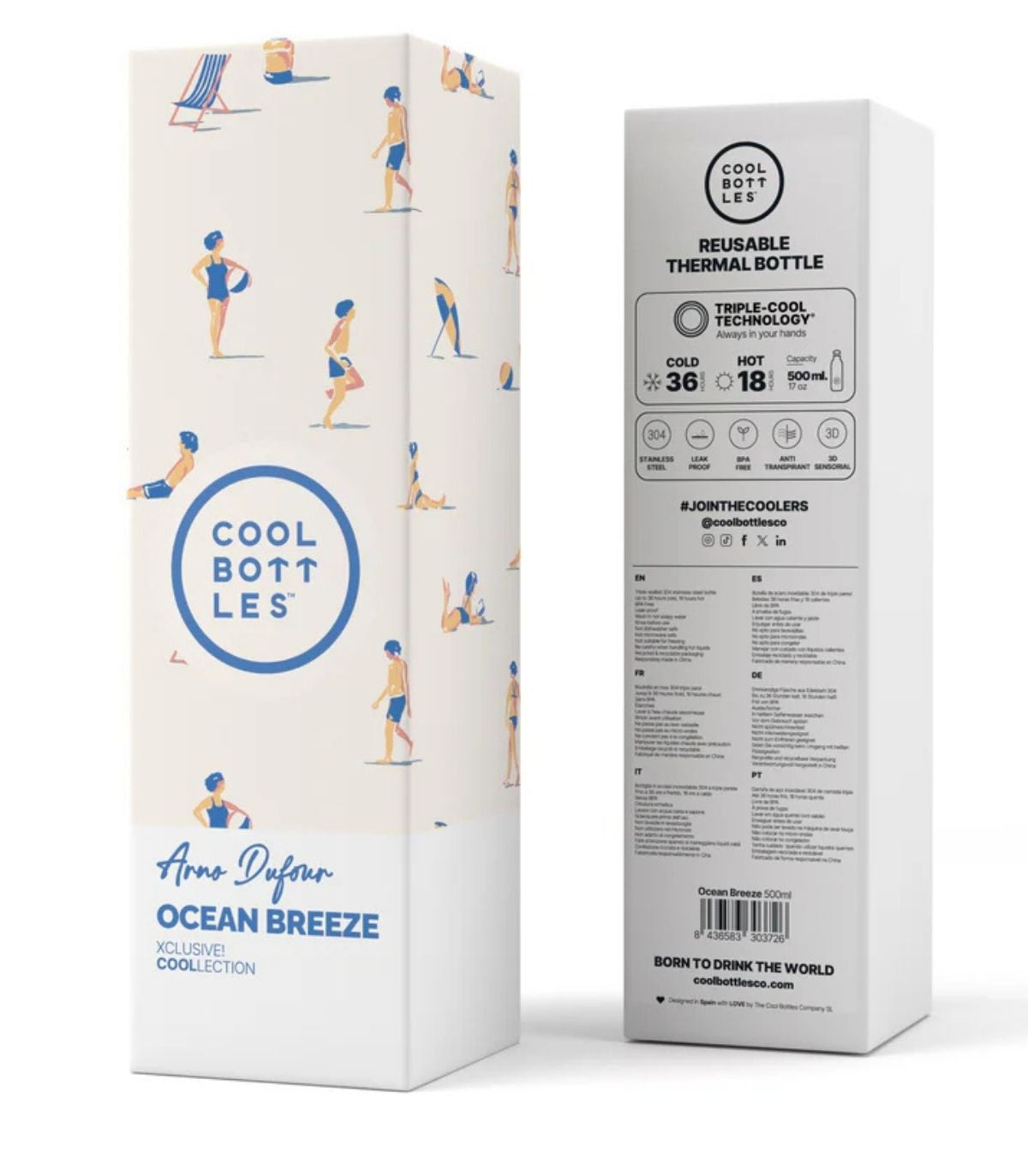 Embalagem da garrafa térmica Cool Bottles Ocean Breeze, mostrando a caixa com o padrão da garrafa e a parte traseira com especificações e símbolos de características.
