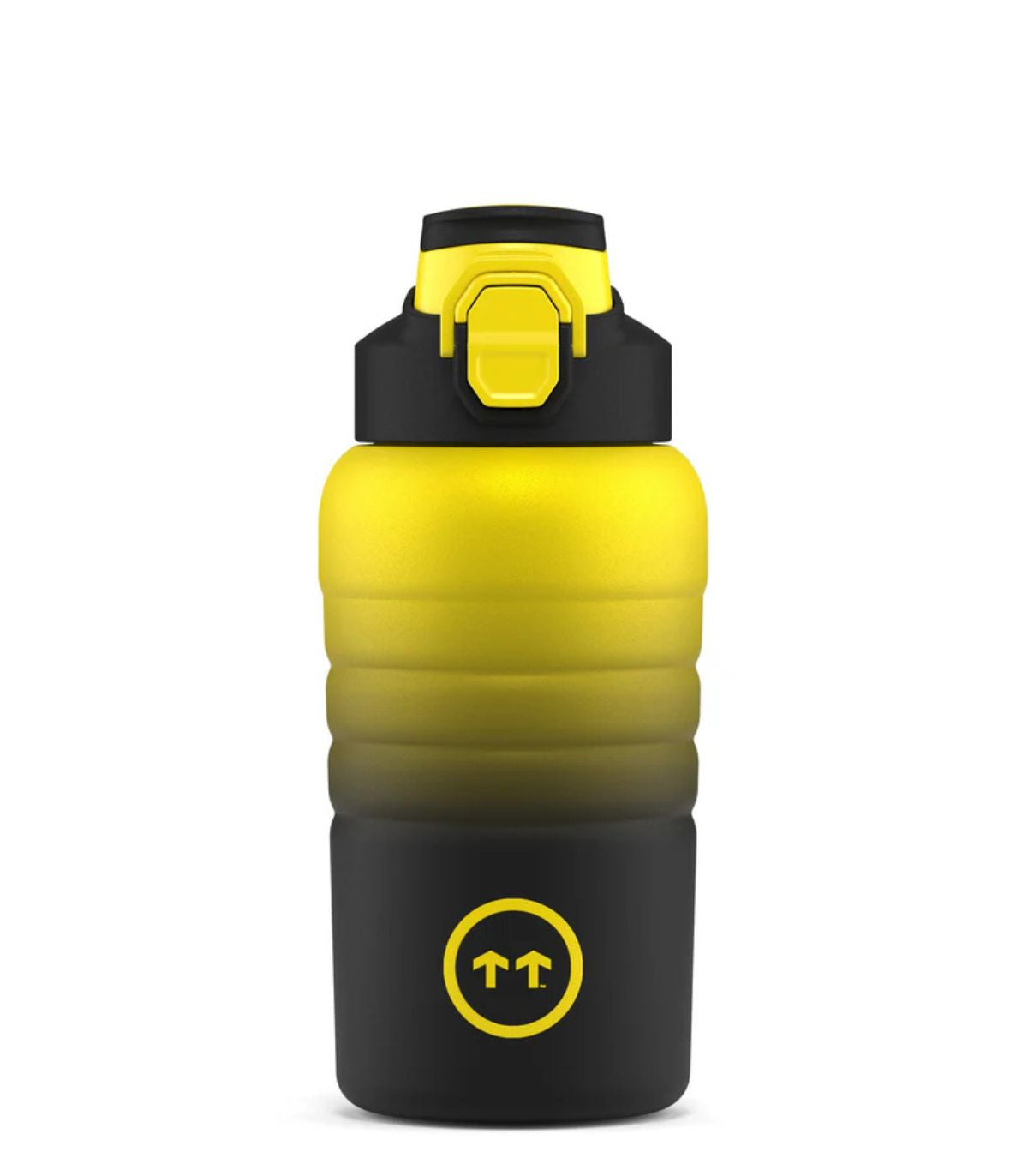Garrafa Térmica Cool Bottles Sport Tokio de 600ml com design degradê amarelo e preto e tampa amarela, vista frontal.