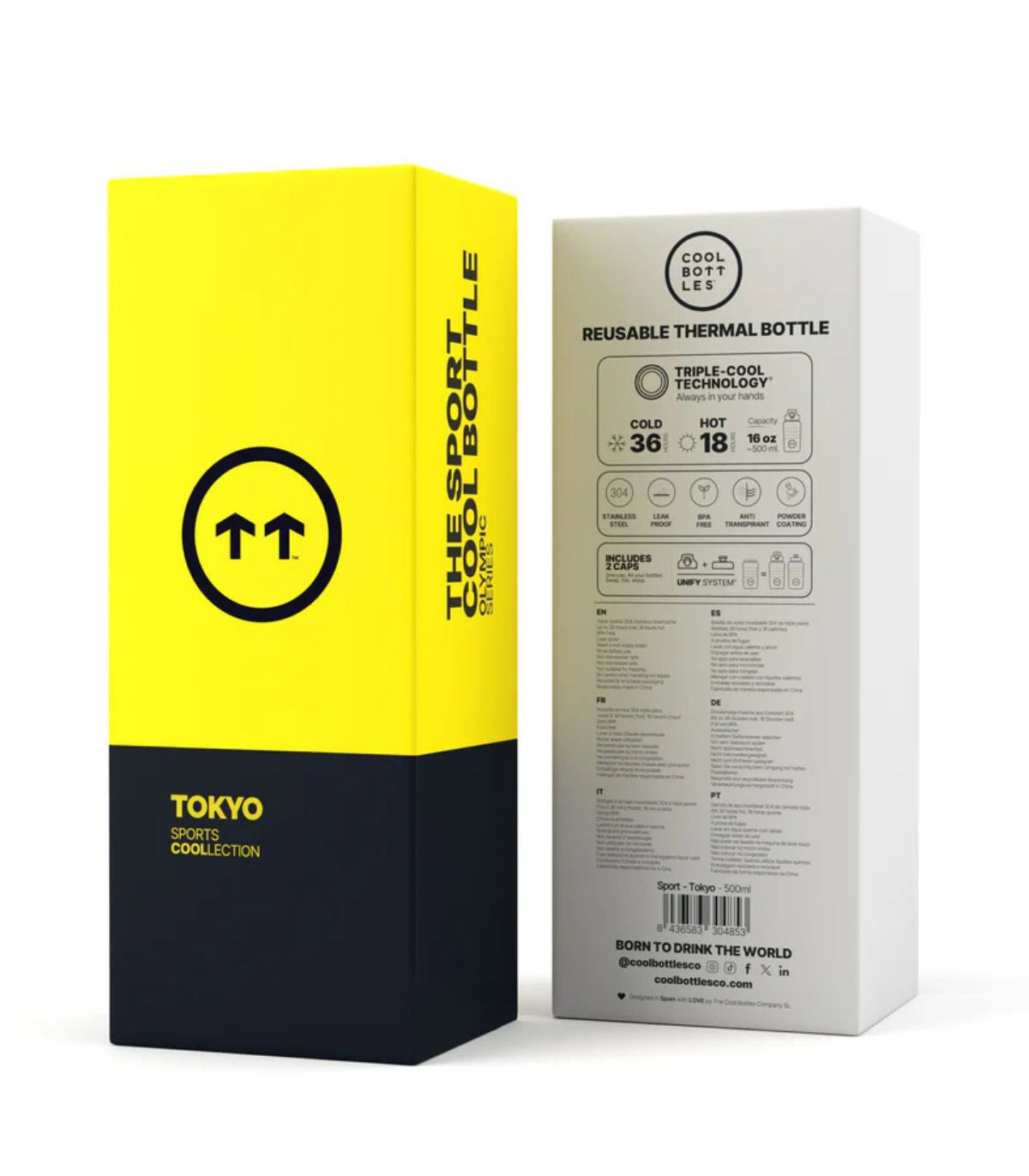 Embalagem da Garrafa Térmica Cool Bottles Sport Tokio, mostrando o design da caixa e informações sobre a tecnologia Triple-Cool e características.