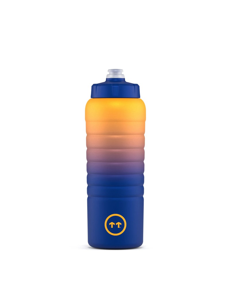 Garrafa térmica Cool Bottles Sport Paris, azul e dourada, com a tampa Cycling (sem pega), vista de corpo inteiro.