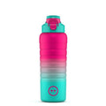 Garrafa térmica Cool Bottles Sport Brisbane de 500ml com gradiente de cor rosa choque para turquesa, com tampa Fitness fechada e logotipo na base.