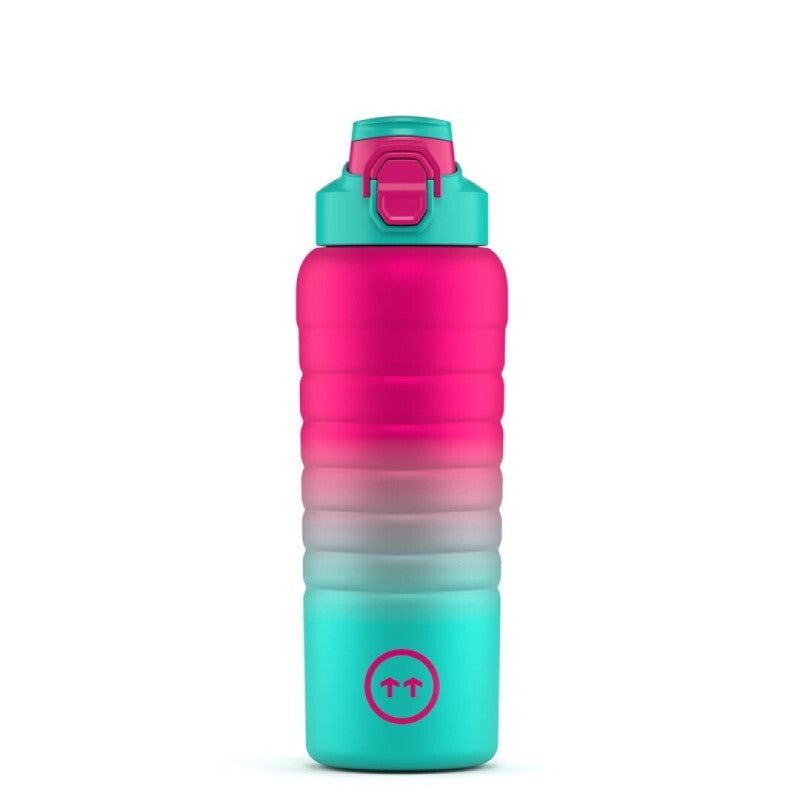 Garrafa térmica Cool Bottles Sport Brisbane de 500ml com gradiente de cor rosa choque para turquesa, com tampa Fitness fechada e logotipo na base.