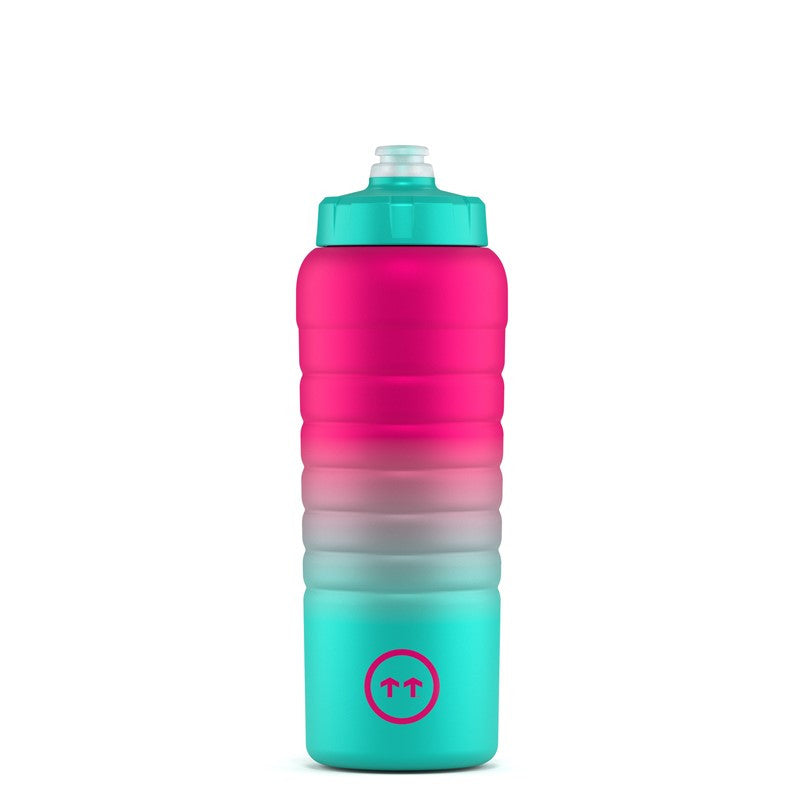 Garrafa térmica Cool Bottles Sport Brisbane de 500ml com gradiente rosa choque-turquesa, com tampa Cycling de bico aberto para hidratação rápida.