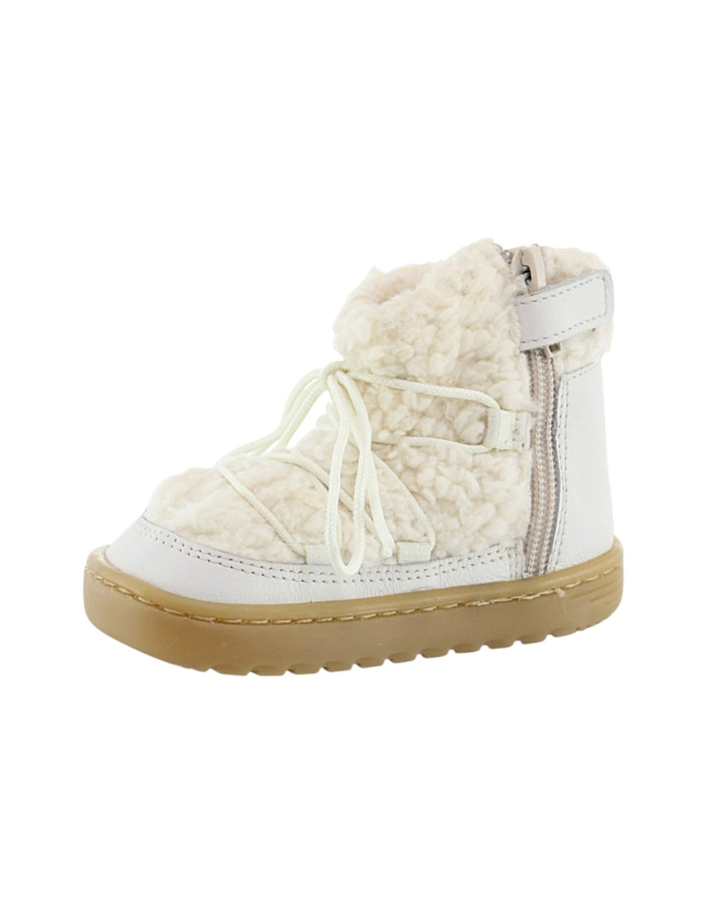 Bota de inverno Blanditos by Crio's Nieve Porcel, vista lateral, em branco cremoso com pelo suave e atacadores.