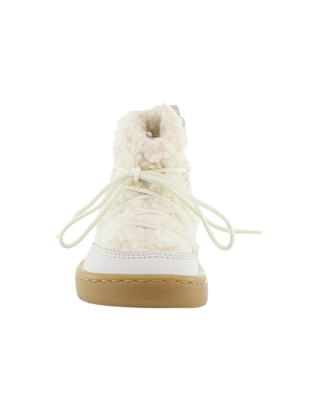 Bota de inverno Blanditos by Crio's Nieve Porcel, vista frontal, mostrando a biqueira larga e os atacadores.