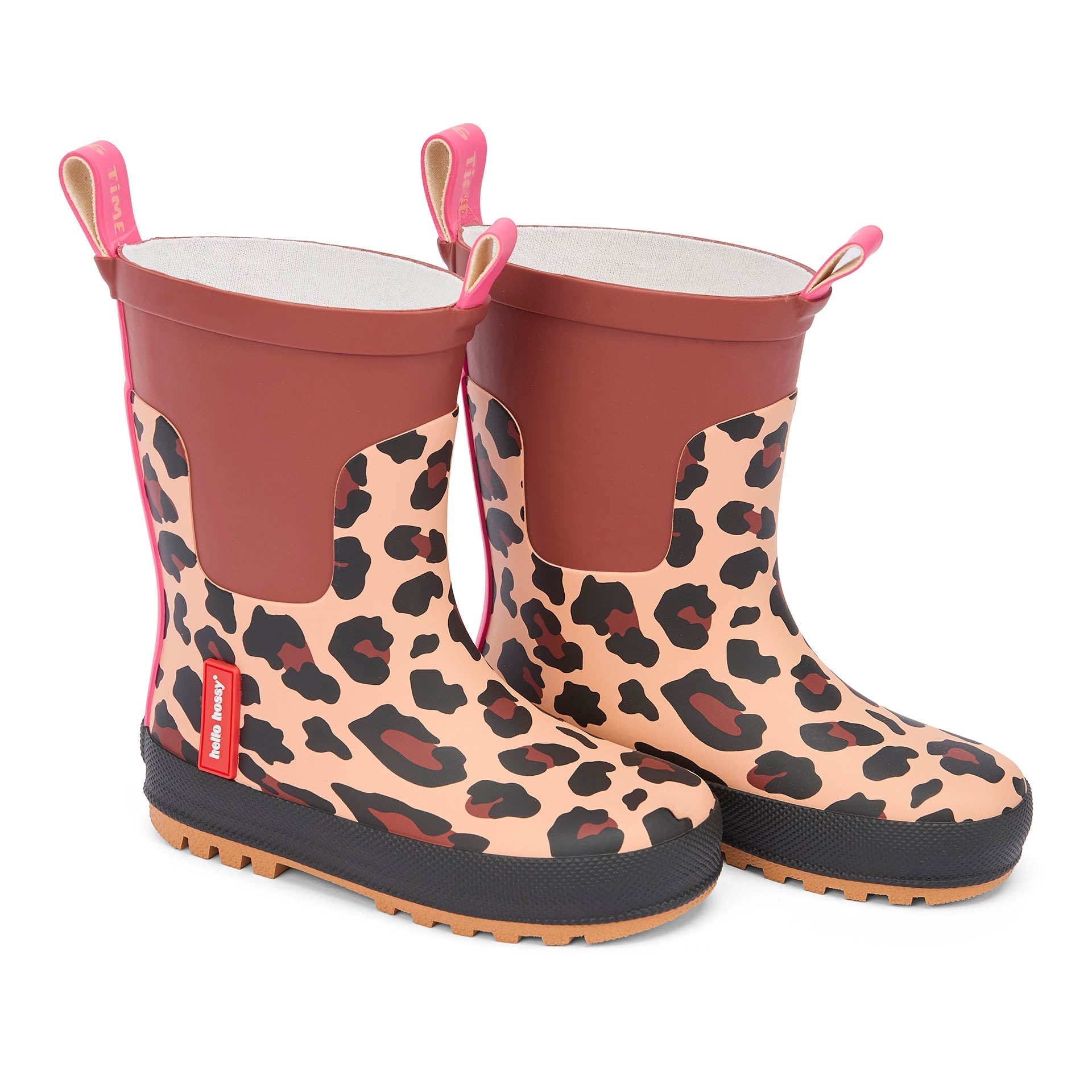 Botas de chuva Hello Hossy Léopard, detalhe do estampado leopardo com pormenor rosa