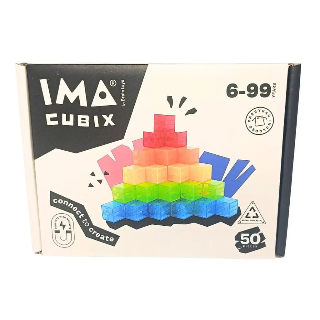 Caixa do jogo BRAINTOYS IMACUBIX com 50 cubos magnéticos coloridos, mostrando uma pirâmide de construção e indicação de idade (6-99 anos).