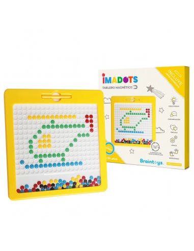 Embalagem original do Imadots da Braintoys ao lado do tabuleiro magnético com desenho de helicóptero.