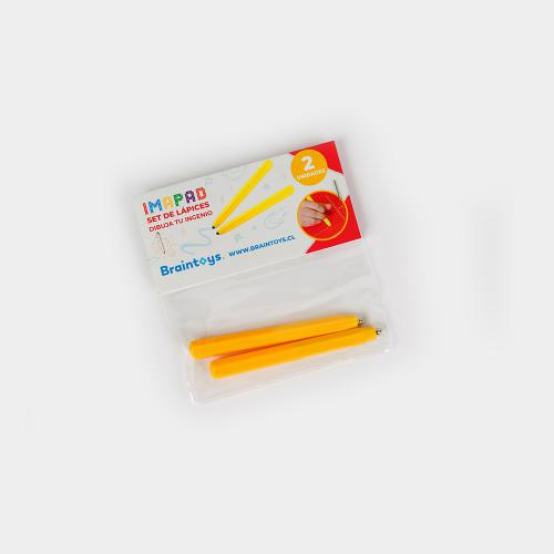 Conjunto de duas canetas amarelas Imadots da Braintoys na embalagem original, prontas para inspirar a criatividade das crianças.