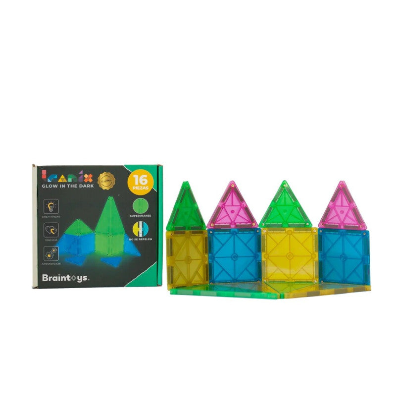 BRAINTOYS IMANIX blocos magnéticos que brilham no escuro, 16 peças. Construção colorida e embalagem do jogo.