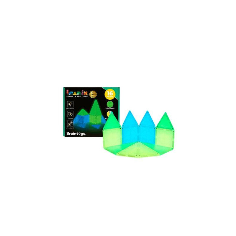 Jogo de construção magnética BRAINTOYS IMANIX que brilha no escuro. Embalagem e construção com as peças.