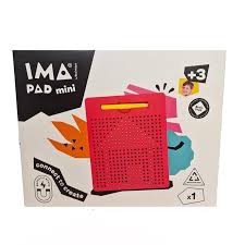 Embalagem do Braintoys IMApad mini, jogo magnético de bolso, com o tablet vermelho em destaque e indicação de idade +3 anos.