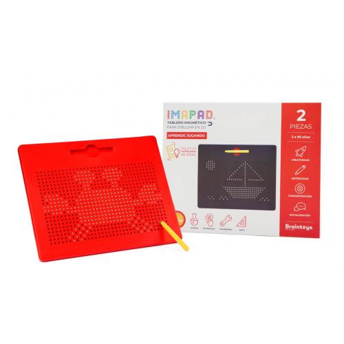 Imagem do produto BRAINTOYS IMApad em caixa, mostrando o quadro magnético vermelho, a caneta amarela e a embalagem com a indicação de 2 peças e faixa etária +3 anos.