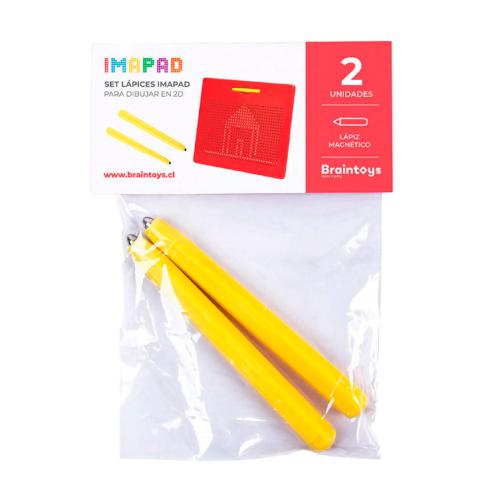 BRAINTOYS Imapad set de 2 canetas embalado, mostrando o quadro magnético e as duas canetas amarelas para desenho em 2D.