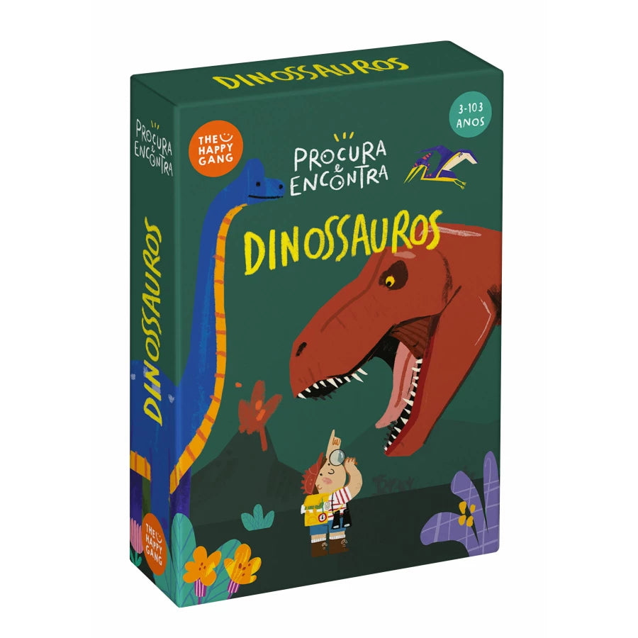 Caixa do jogo de cartas "Procura e Encontra Dinossauros" da The Happy Gang, verde escura, com um Brontossauro e um T-Rex em destaque. Indica a faixa etária 3-103 anos.