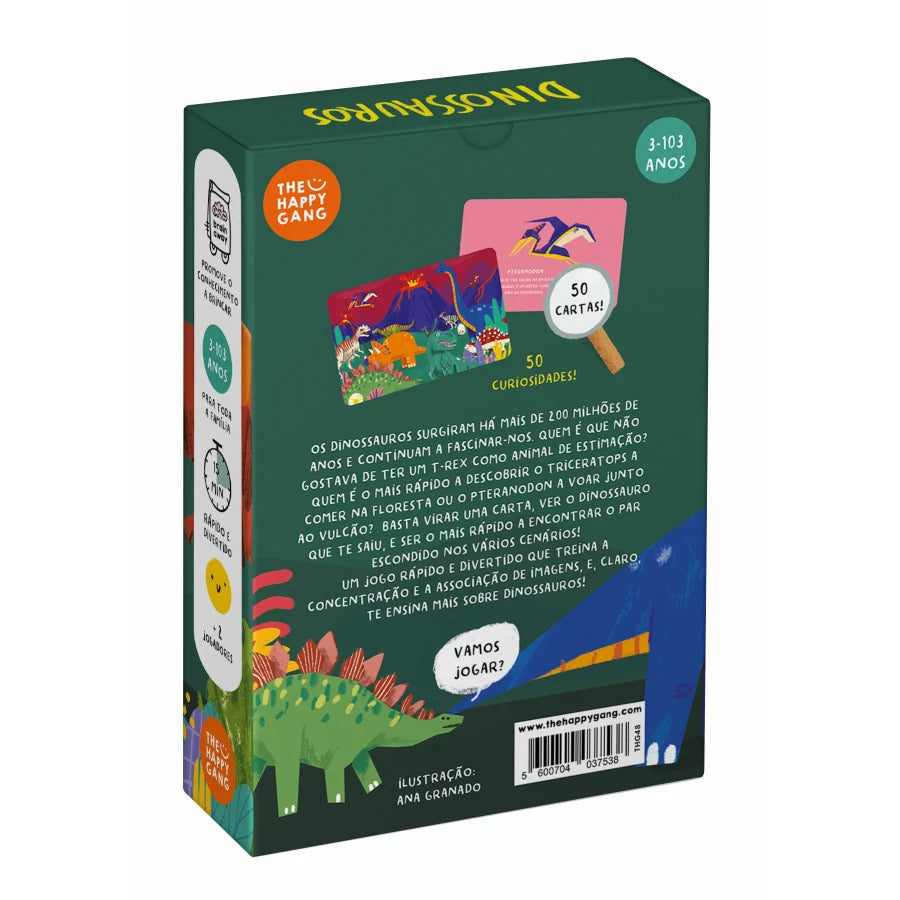 Verso da caixa do jogo "Procura e Encontra Dinossauros", mostrando detalhes como o número de cartas (50) e a ilustração de um Estegossauro.