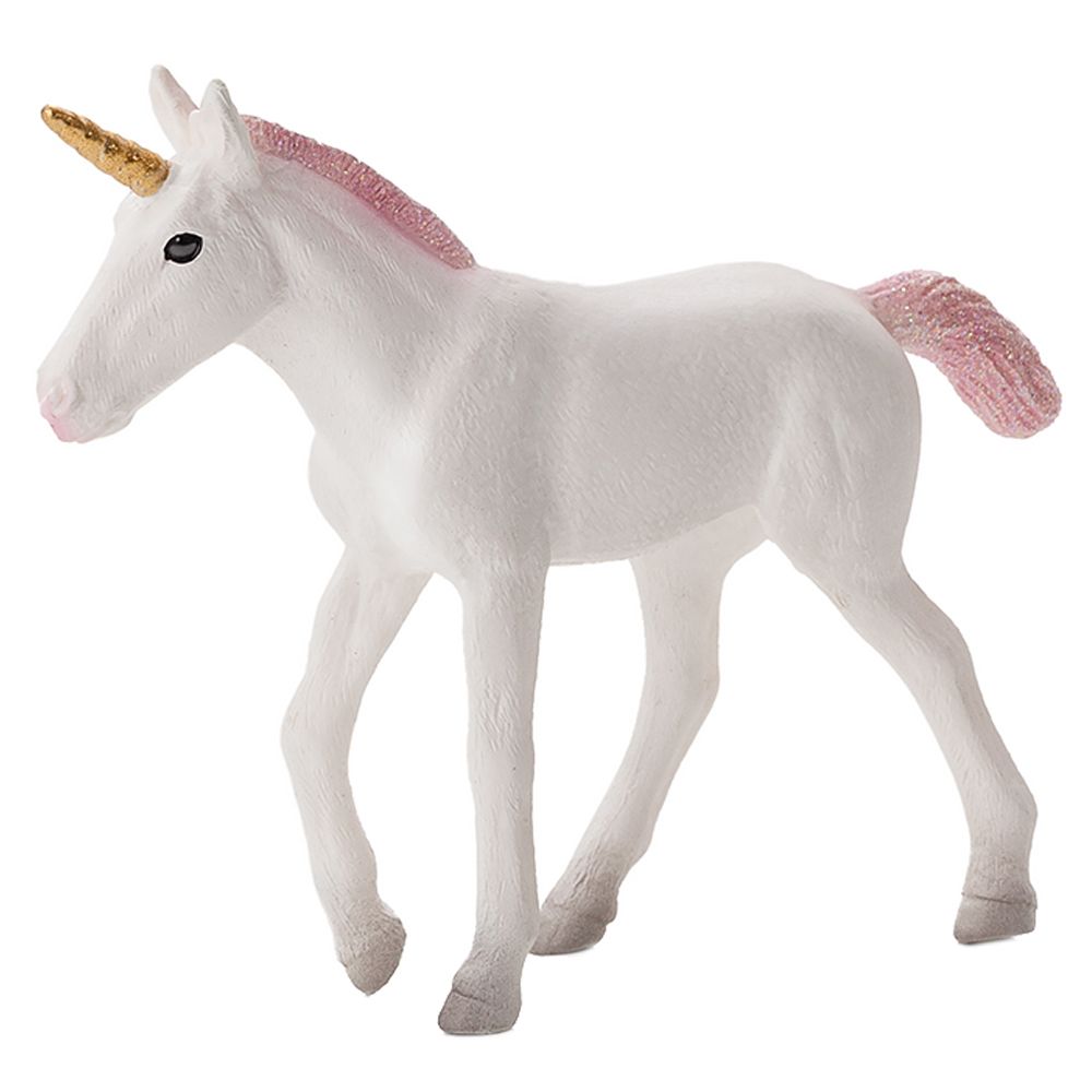 Figura de um unicórnio branco em miniatura, com chifre dourado e crina/cauda rosa brilhante, em pose de caminhada contra fundo branco.