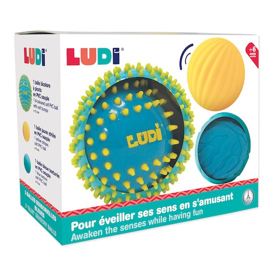 Embalagem de brinquedos de atividade para o bebé com 3 bolas sensoriais da marca Ludi em tons de azul e amarelo.