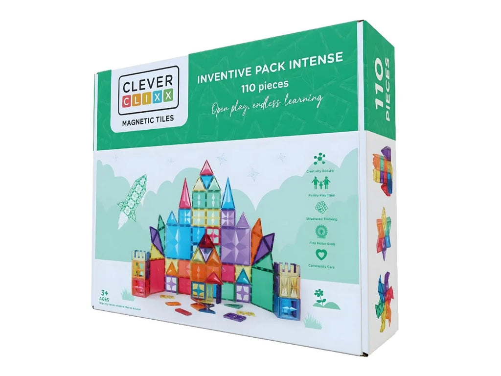 Caixa do conjunto de construção magnética Clever Clixx Inventive Pack Intense com 110 peças, mostrando um castelo construído e os benefícios do produto.