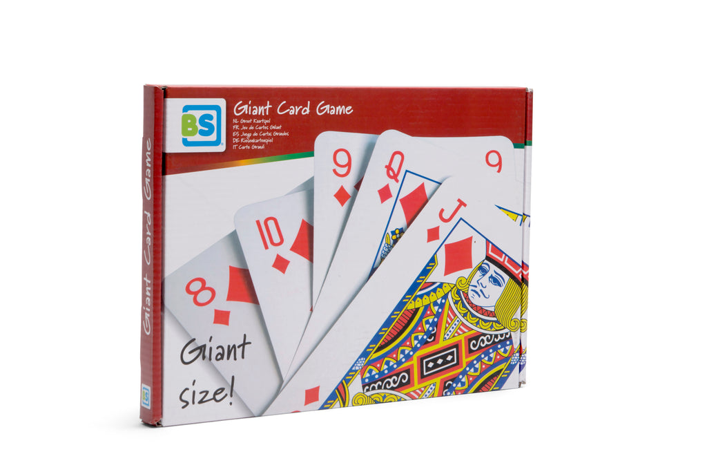 Baralho completo de cartas de jogar gigantes da BS Toys, tamanho A4, com figuras coloridas e brilhantes.