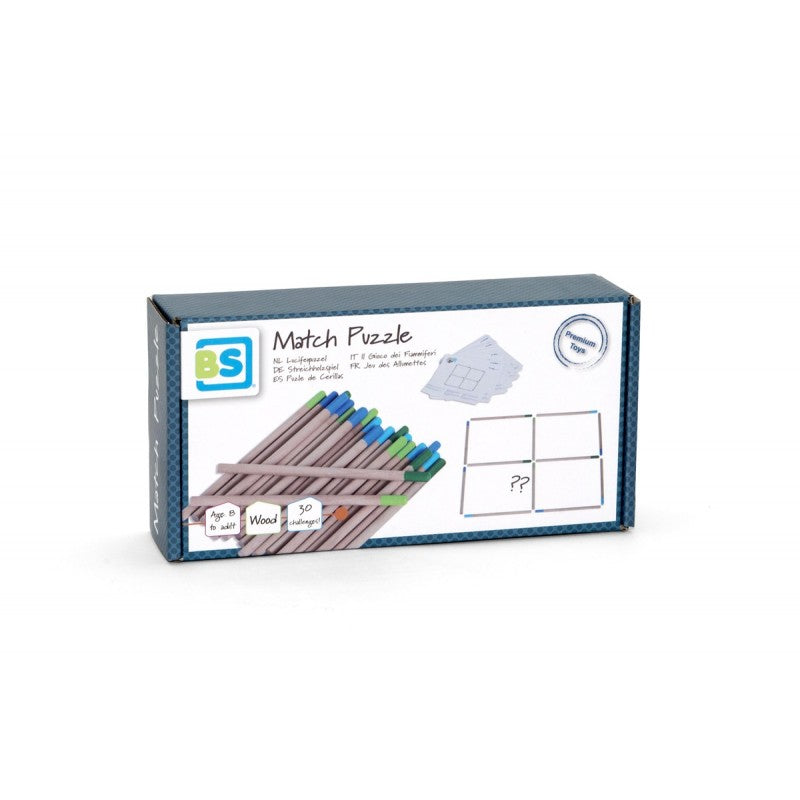 Caixa do jogo "BS Match Puzzle" com os fósforos de madeira e cartas de desafio visíveis, destacando o material de madeira e os 30 desafios incluídos.