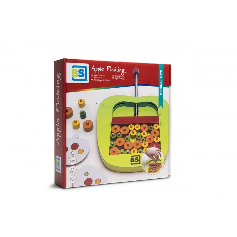 Caixa do jogo de madeira BS Toys "Apple Picking" (Recolher Maçãs), mostrando o tabuleiro verde em forma de maçã com maçãs de madeira coloridas e a alavanca de recolha.