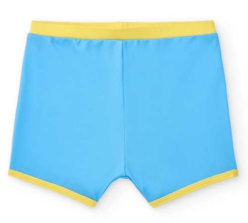 Vista traseira do boxer de banho BtBox em lycra azul-claro com detalhes amarelos, evidenciando o tecido liso e elástico.