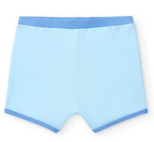 Boxer de banho BtBox azul claro liso, vista traseira, mostrando a cintura elástica e o acabamento das pernas em azul mais escuro.