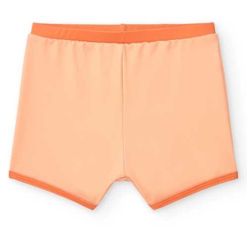 Boxer de banho infantil BtBox em lycra cor pêssego, vista frontal, mostrando o cós elástico laranja e o corte justo.
