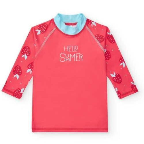 Camisola de proteção solar BtBox, manga comprida (três quartos), coral com morangos e gola azul clara. Ideal para praia.
