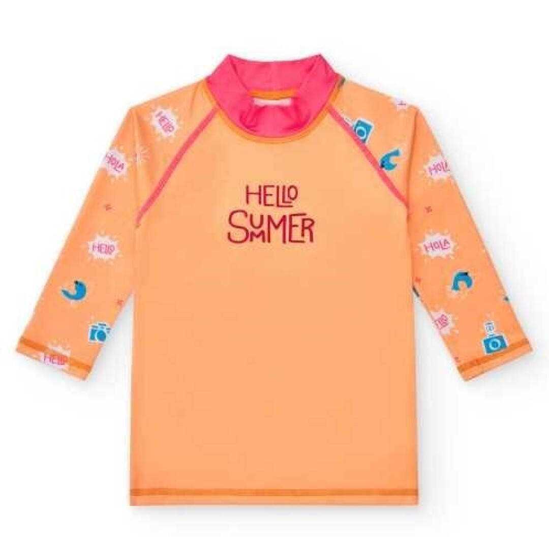 Camisola de verão infantil BtBox manga comprida, cor laranja, com gola rosa e estampa temática de verão nas mangas.