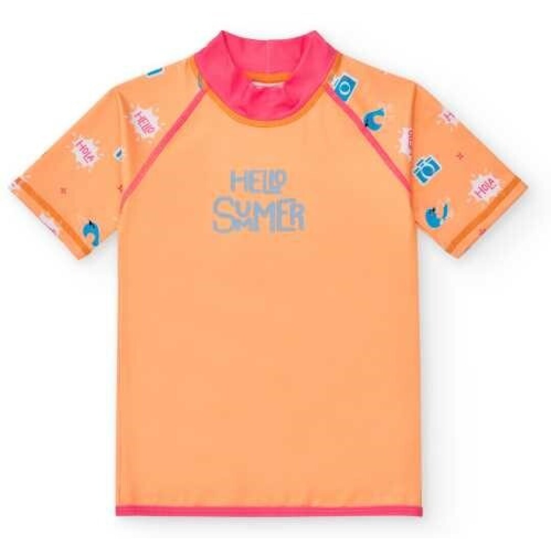 Camisola de verão infantil BtBox manga curta, cor laranja, com gola rosa e estampa "Hello Summer" no peito.
