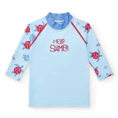 Camisola de proteção solar UPF 50+ BtBox de manga comprida, cor azul, com padrão de tartarugas vermelhas e texto "Hello Summer" em destaque.