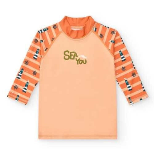 Camisola de verão infantil BtBox cor pêssego com mangas 3/4 estampadas a riscas, faróis e lemes, e texto "Sea You".