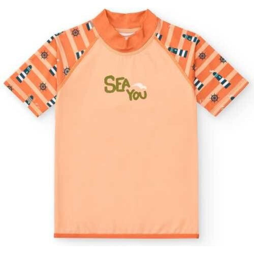 Camisola de verão infantil BtBox cor pêssego com mangas curtas estampadas a riscas, faróis e lemes, e texto "Sea You".