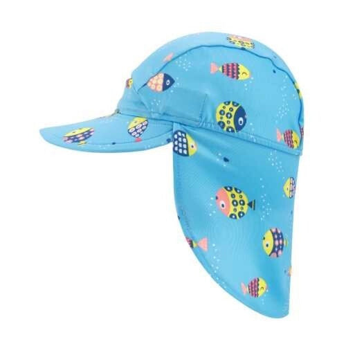 Chapéu de banho Btbox azul com abas, proteção UV 50+ e estampado de peixes coloridos, vista lateral. Ideal para praia e piscina.