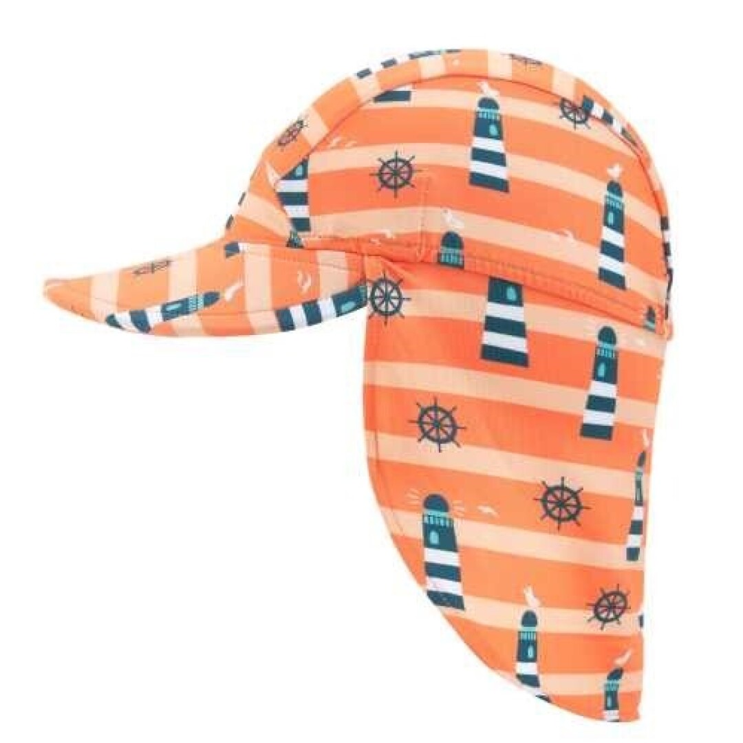 Chapéu de banho Btbox Farol com abas e proteção UV 50+. Estampado laranja com faróis e lemes. Proteção solar para crianças.