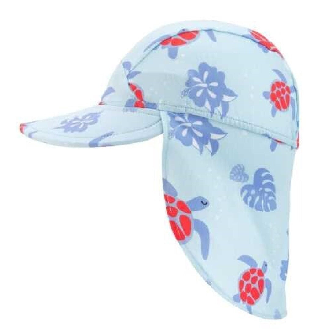 Chapéu de banho Btbox com abas e proteção UV 50+ para crianças, estampado com tartarugas e flores azuis em fundo azul claro.
